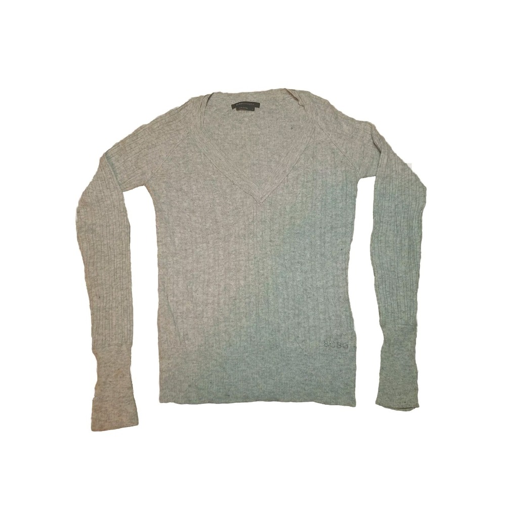 BCBG Maxazria Womens L V-Neck Cable knit Sweater Angora Wool Blend Pullover Gray